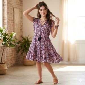 Ivy Floral Tiered Midi Summer Dress  Pink Blue Tie Neck Flutter Sleeve Boho Sz S
